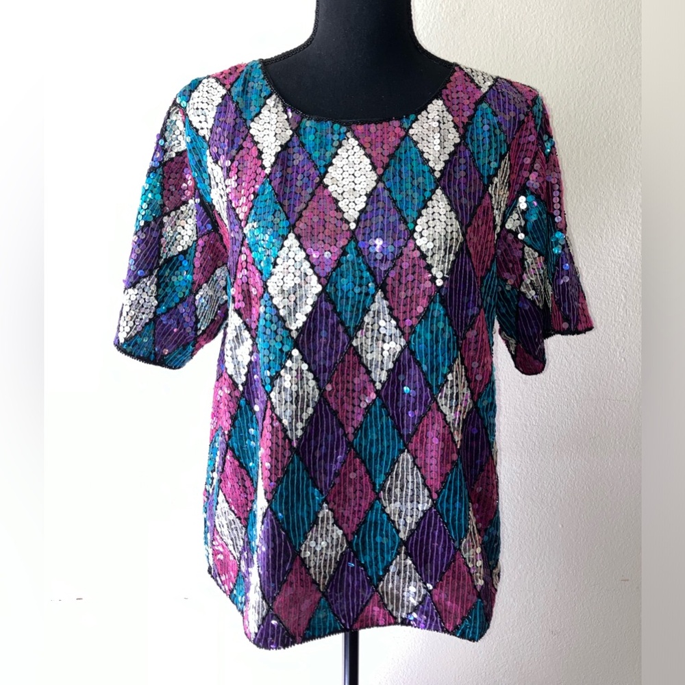 Vintage '80s Carina Sequined & Beaded Short Sleeve Top Harlequin Pattern M/L